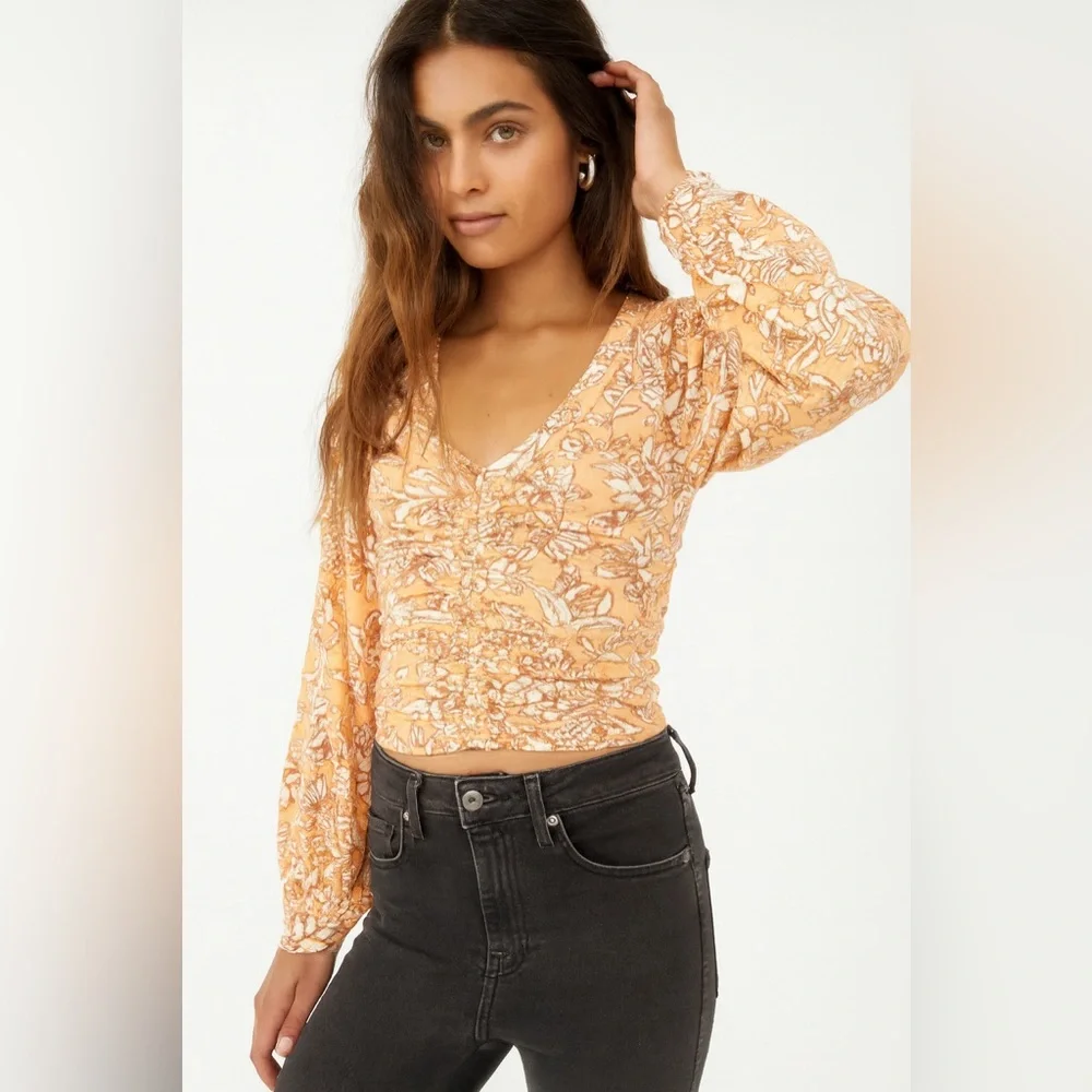 Free People Say The Word Top XS – Blood Orange Floral Ruched Blouse